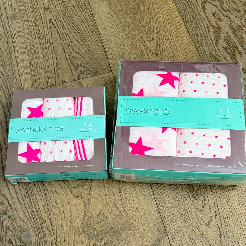 Discontinued Aden + Anais cotton washcloths & swaddle blankets, hot pink stars